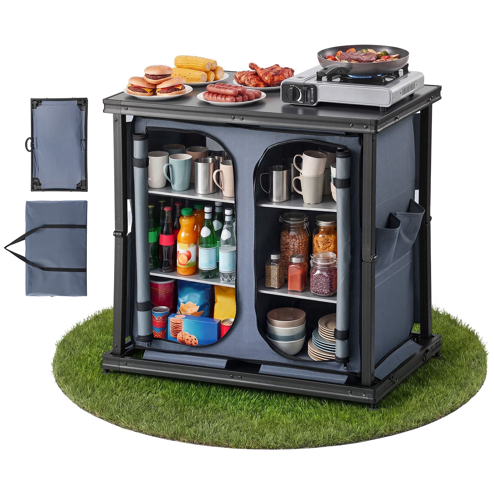Outdoor Camping Kitchen Setup - خزانة تخزين قابلة للطي للتخييم، طاولة